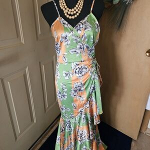 Elegant Asymmetrical Floral Dress in Green and Orange
